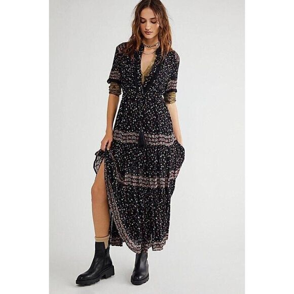 NWT FREE PEOPLE Sz XS RARE FEELINGS MAXI DRESS BLACK COMBO - Picture 2 of 5